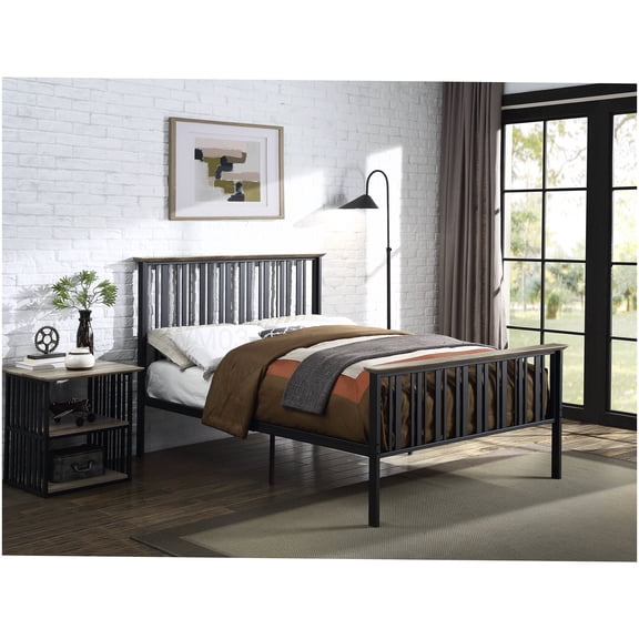 Antique Oak Platform Bed Frame with Headboard, Full Size Metal Bed Frame, No Box Spring Optional