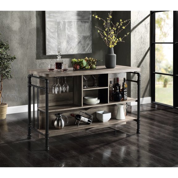Antique Oak & Sandy Gray Finish - 35mm Thick Tabletop, 2 Shelves & 2 Compartments for Versatile Display