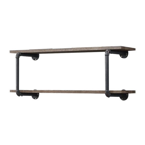 Antique Oak and Sandy Grey 2-Tier Wall Shelf 2 or Less + Natural+Grey + Horizontal + Primary Living Space + Open Back + Industrial + Oak + Adjustable Shelves + Wood+Metal