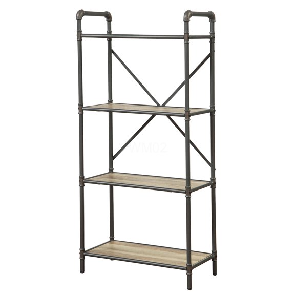 Antique Oak & Sandy Grey 4 Tier Industrial Bookcase, Open Shelf Book Rack for Living Room, Bedroom & Office Storage
