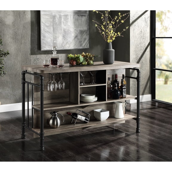 Antique Oak & Sandy Grey Finish - Ample Glass & Bottle Storage - Dining Room Use - Rustic Modern Look