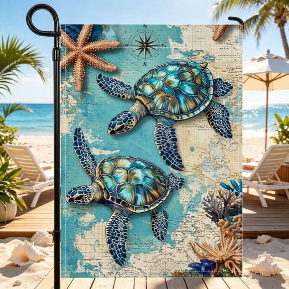 Antique Ocean Chart Twin Turtles Outdoor Print Polyester Garden Flag, 12x18 inch, Coastal Retro Porch Decor