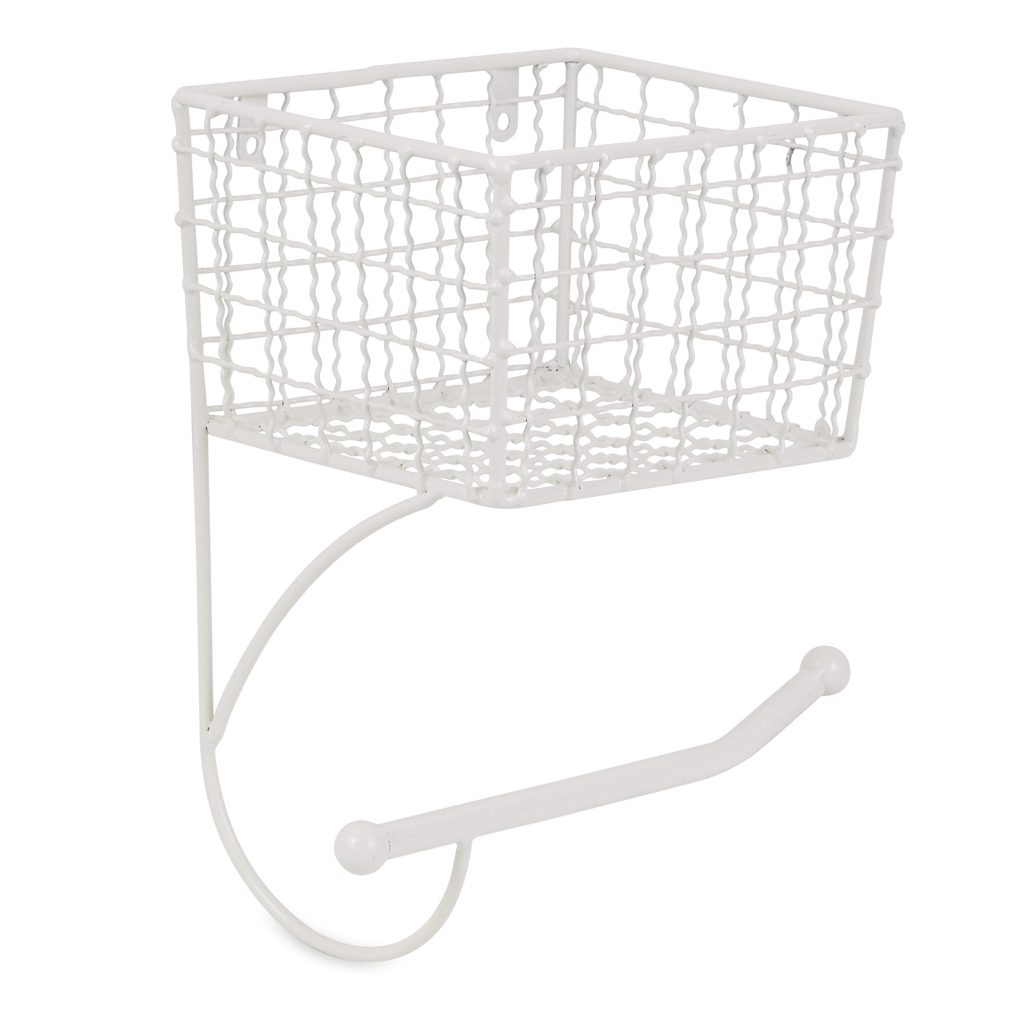 Antique White Metal Farmhouse Toilet Paper Holder with Storage Basket