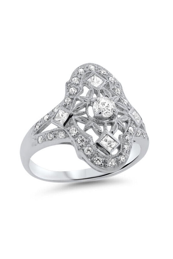 Antique Open Filigree Cluster Diamond Dinner Ring 2.0 Ct Diamond 14K White Gold Over