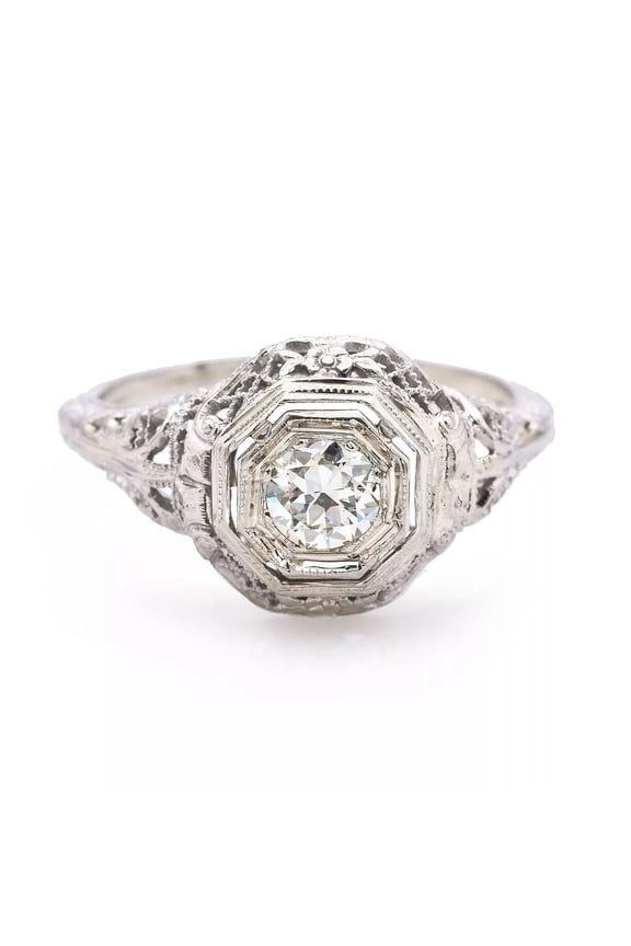 Antique Openwork Filigree Hexagon Engagement Ring 1.7 Ct Diamond 14K White Gold Over