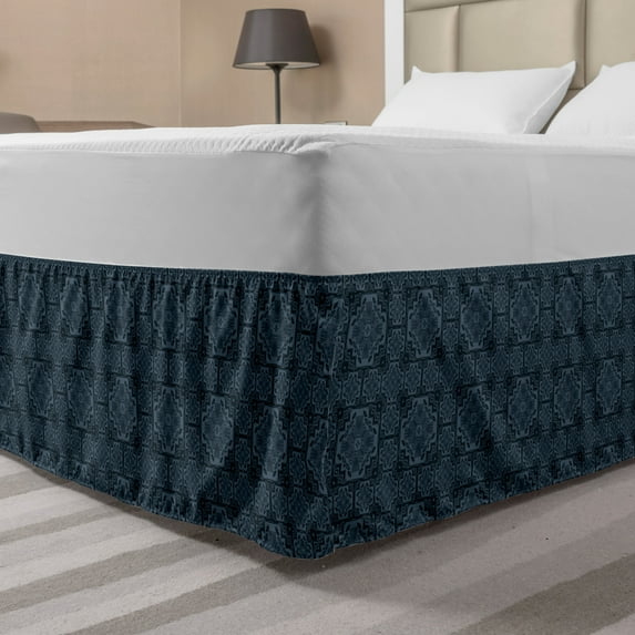Antique Oriental Bed Skirt, Dark Tones Intricate Design of Abstract Motifs Print, Elastic Bedskirt Dust Ruffle Wrap Around for Bedding Decor, 4 Sizes, Slate Blue Night Blue, by Ambesonne