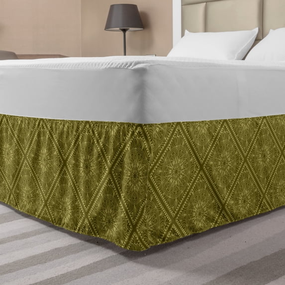 Antique Oriental Bed Skirt, Floral Mandala Motif in Nature Tones Illustration Art, Elastic Bedskirt Dust Ruffle Wrap Around for Bedding Decor, 4 Sizes, Fawn Khaki, by Ambesonne