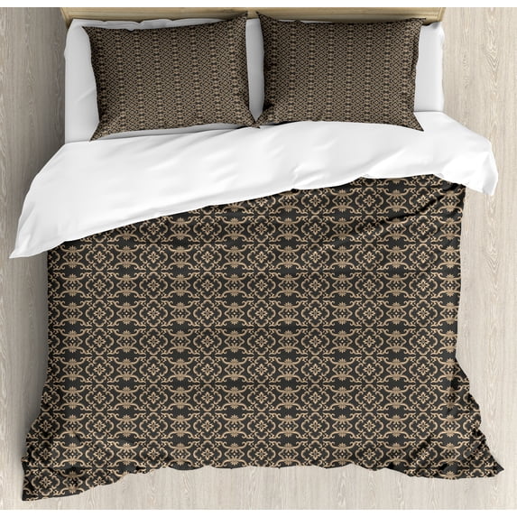Antique Oriental Duvet Cover Set, Classic Traditional Damask of Flowers Inspired Motifs Illustration, Decorative 3 Piece Bedding Set with 2 Pillow Shams, Calking Size, Tan and Dark Sepia, by Ambesonne