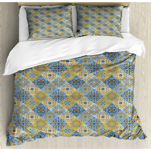 Ambesonne Antique Oriental Duvet Cover Set, Vibrant Azulejo, Queen, Violet Blue Amber