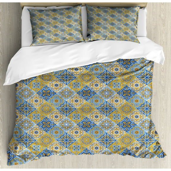 Ambesonne Antique Oriental Duvet Cover Set, Vibrant Azulejo, Queen, Violet Blue Amber