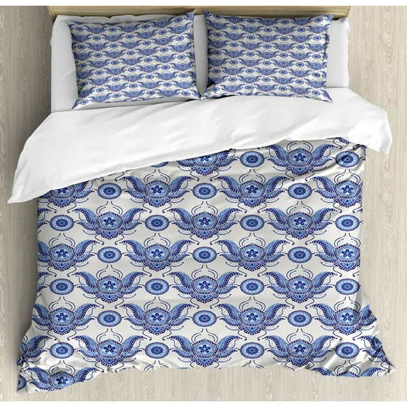 Antique Oriental Duvet Cover Set, Traditional Porcelain Inspired Paisley Motifs Print, Decorative 3 Piece Bedding Set with 2 Pillow Shams, Queen Size, Coconut Dark Ceil Blue, by Ambesonne