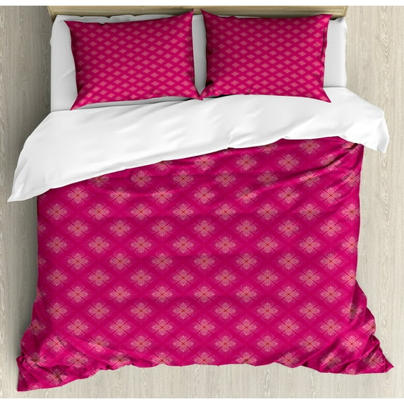 Antique Oriental Duvet Cover Set, Vibrant Tones Rhythmic Thai Mandala Illustration, Decorative 3 Piece Bedding Set with 2 Pillow Shams, Queen Size, Hot Pink and Magenta, by Ambesonne