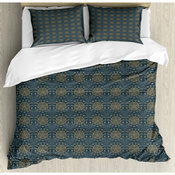 Antique Oriental Duvet Cover Set, Vintage Look Colorful Art Deco Inspired Illustration, Decorative 3 Piece Bedding Set with 2 Pillow Shams, Queen Size, Dark Slate Blue Sepia, by Ambesonne