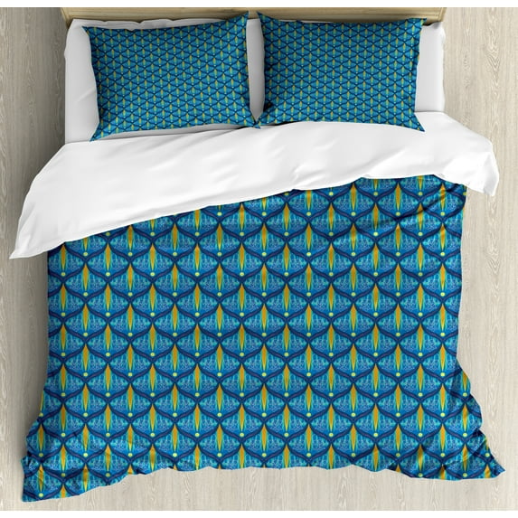 Antique Oriental Duvet Cover Sets, Tulip Blossoms in Bohemian Curly Frames Retro Funky Effects, Bedding Set with 2 Duvet Covers & 4 Pillowcases, 2 Pack Queen Size, Violet Blue and Ginger, by Ambesonne