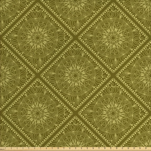Antique Oriental Fabric by the Yard, Floral Mandala Motif in Nature Tones Illustration Art, Upholstery Fabric for Dining Chairs Home Decor Accents, Fawn Khaki by Ambesonne