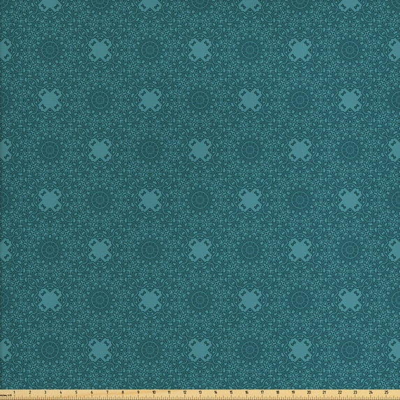 Antique Oriental Fabric by the Yard, Grungy Look Intricate Motifs Monochrome Inspired Mandala Art, Upholstery Fabric for Dining Chairs Home Decor Accents, Cadet Blue and Dark Teal by Ambesonne