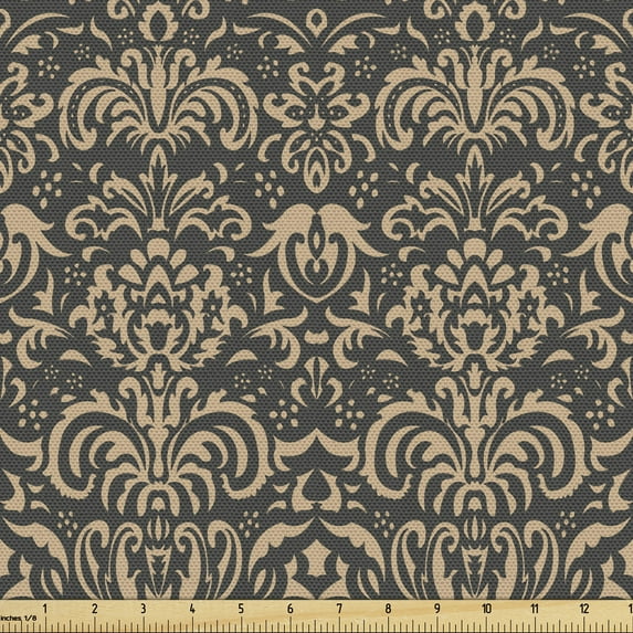 Ambesonne Antique Oriental Fabric by the Yard Upholstery, Nature Tone Damask, 1 Yard, Tan and Dark Sepia