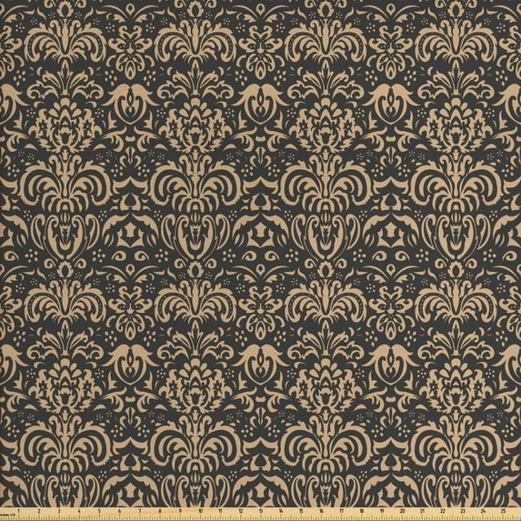 Ambesonne Antique Oriental Fabric by the Yard Upholstery, Nature Tone Damask, 2 Yards, Tan and Dark Sepia