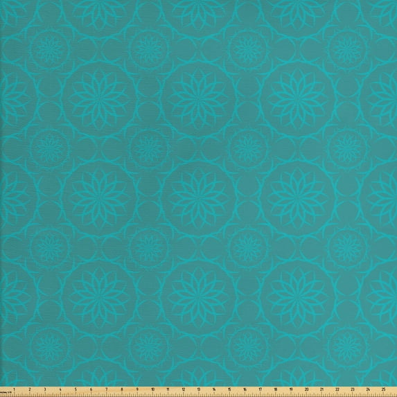 Ambesonne Antique Oriental Fabric by the Yard Upholstery, Monochrome Tile, 2 Yards, Cadet Blue and Turquoise