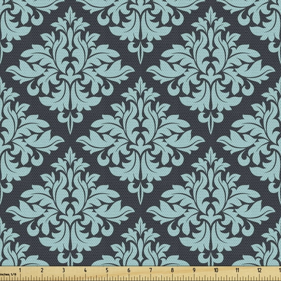 Ambesonne Antique Oriental Fabric by the Yard Upholstery, Retro Blue Damask, 10 Yards, Pale Turquoise Dark Grey
