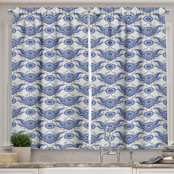 Antique Oriental Kitchen Curtains, Traditional Porcelain Inspired Paisley Motifs Print, Two Panels Drapes with Rod Pocket Room Decor, 55" X 45", Coconut Dark Ceil Blue, by Ambesonne