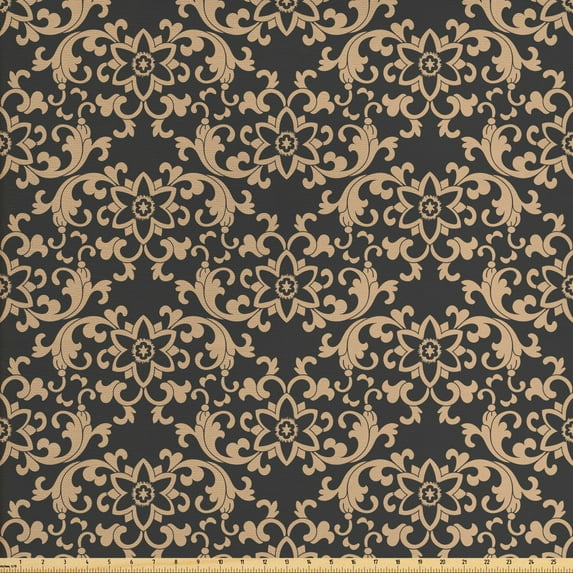 Ambesonne Antique Oriental Fabric by the Yard Upholstery, Eastern Curvy Art, 2 Yards, Tan and Dark Sepia