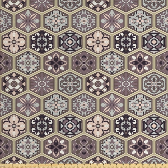 Ambesonne Antique Oriental Fabric by the Yard Upholstery, Honeycomb Flowers, 2 Yards, Pale Tan Dark Taupe Grey