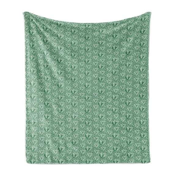 Antique Oriental Soft Flannel Fleece Blanket, Continuous Eastern Style Simplistic Leaves Arrangement Pattern, Cozy Plush for Indoor and Outdoor Use, 60" x 80", Jade Green and White, by Ambesonne