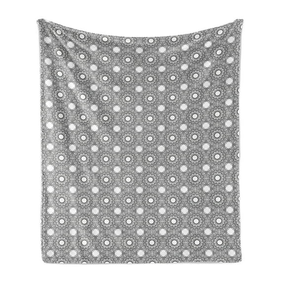 Antique Oriental Soft Flannel Fleece Blanket, Monochrome Round Ornaments Intricate Art Motifs Illustration, Cozy Plush for Indoor and Outdoor Use, 60" x 80", Charcoal Grey and White, by Ambesonne
