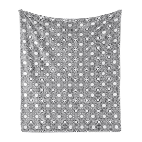 Antique Oriental Soft Flannel Fleece Blanket, Monochrome Round Ornaments Intricate Art Motifs Illustration, Cozy Plush for Indoor and Outdoor Use, 70" x 90", Charcoal Grey and White, by Ambesonne