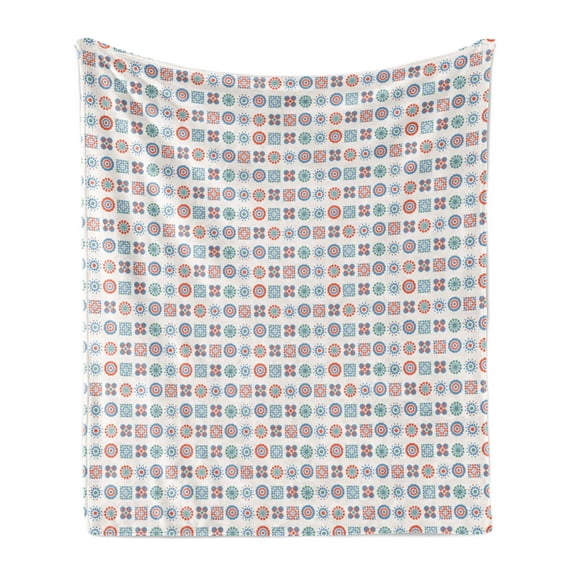Antique Oriental Soft Flannel Fleece Throw Blanket, Abstract Geometric Floral Shapes Folk Boho Blooms Design, Cozy Plush for Indoor and Outdoor Use, 70" x 90", Orange Blue and Sea Green, by Ambesonne