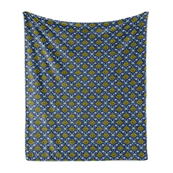Antique Oriental Soft Flannel Fleece Throw Blanket, Continuous Folk Inspired Motifs Illustration, Cozy Plush for Indoor and Outdoor Use, 60" x 80", Yellow Deep Sky Blue, by Ambesonne