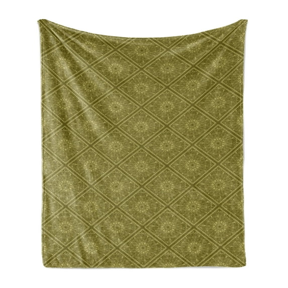 Antique Oriental Soft Flannel Fleece Throw Blanket, Floral Mandala Motif in Nature Tones Illustration Art, Cozy Plush for Indoor and Outdoor Use, 50" x 60", Fawn Khaki, by Ambesonne