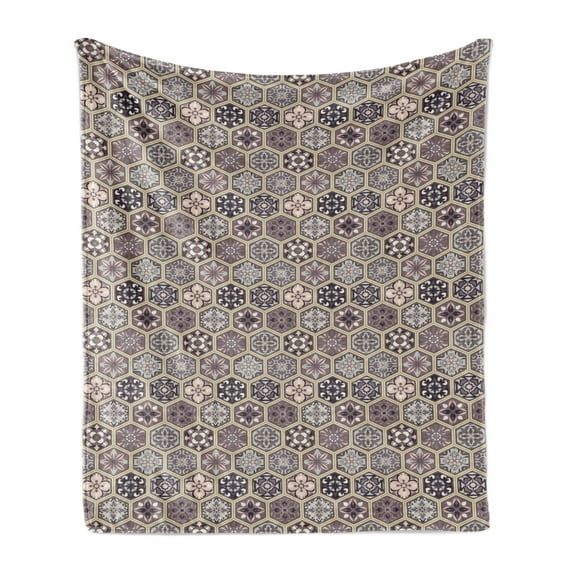 Antique Oriental Soft Flannel Fleece Throw Blanket, Flowers in Honeycomb Look Frames Rhythmic Pattern, Cozy Plush for Indoor and Outdoor Use, 50" x 70", Pale Tan Dark Taupe Grey, by Ambesonne