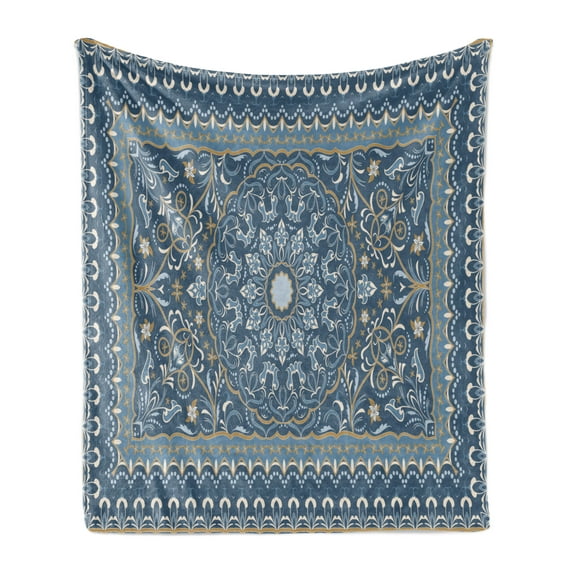 Antique Oriental Soft Flannel Fleece Throw Blanket, Intricate Eastern Floral Persian Like Motif, Cozy Plush for Indoor and Outdoor Use, 50" x 60", Grey Teal Blue Grey, by Ambesonne