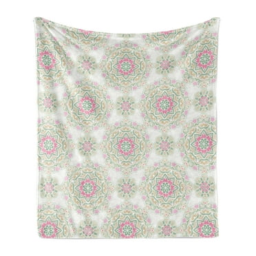 Antique Oriental Soft Flannel Fleece Throw Blanket, Ornamental Circle Moroccan Ethnic Symbolic Pattern, Cozy Plush for Indoor and Outdoor Use, 70" x 90", Coconut and Multicolor, by Ambesonne