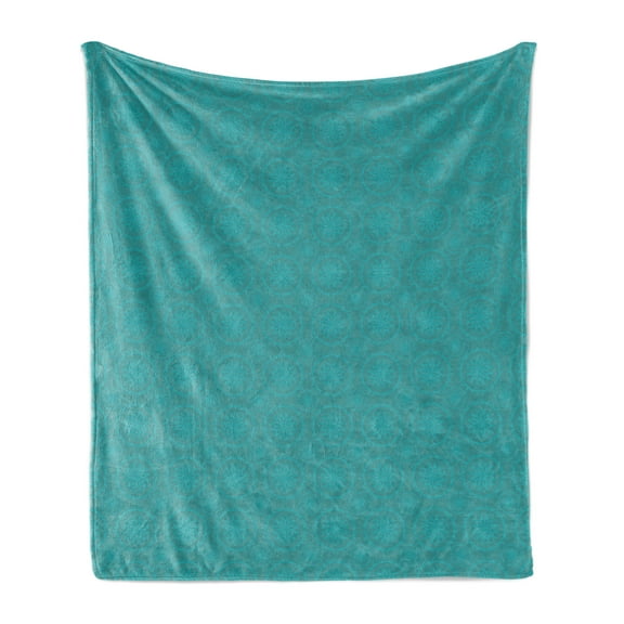 Antique Oriental Soft Flannel Fleece Throw Blanket, Repetitive Floral Look Motifs in Vivid Tones, Cozy Plush for Indoor and Outdoor Use, 70" x 90", Cadet Blue and Turquoise, by Ambesonne