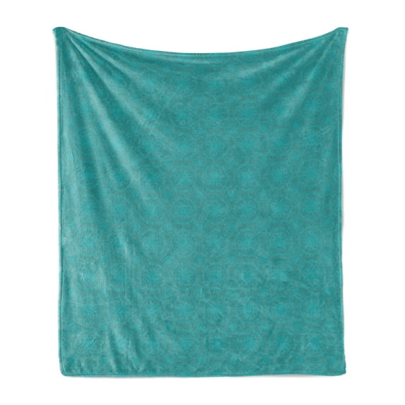 Antique Oriental Soft Flannel Fleece Throw Blanket, Repetitive Floral Look Motifs in Vivid Tones, Cozy Plush for Indoor and Outdoor Use, 70" x 90", Cadet Blue and Turquoise, by Ambesonne