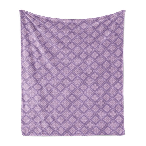 Antique Oriental Soft Flannel Fleece Throw Blanket, Repetitive Lilac Traditional Floral Squares Illustration, Cozy Plush for Indoor and Outdoor Use, 50" x 60", Mauve Lilac, by Ambesonne