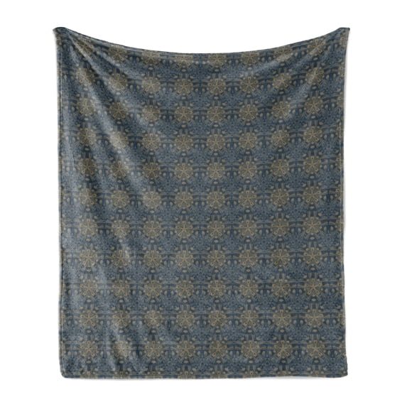 Antique Oriental Soft Flannel Fleece Throw Blanket, Vintage Look Colorful Art Deco Inspired Illustration, Cozy Plush for Indoor and Outdoor Use, 50" x 60", Dark Slate Blue Sepia, by Ambesonne