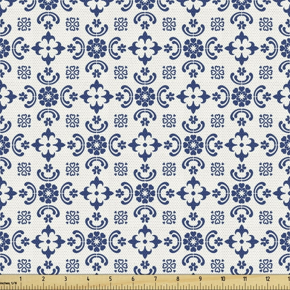 Ambesonne Antique Oriental Fabric by the Yard Upholstery, Folkloric Blue Art, 3 Yards, Dark Blue and Off White