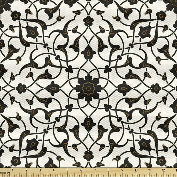 Ambesonne Antique Oriental Fabric by the Yard Upholstery, Eastern Flowers, 1 Yard, Ivory Chestnut Brown