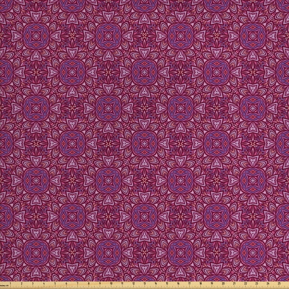 Ambesonne Antique Oriental Fabric by the Yard Upholstery, Magenta Floral Art, 2 Yards, Magenta Lilac