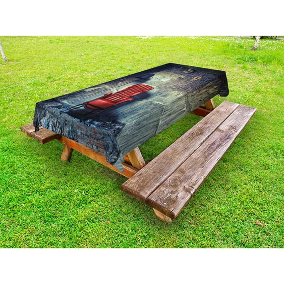 Antique Outdoor Tablecloth, Old Armchair in Grunge Retro Interior Damaged Messy Abandoned House Old, Decorative Washable Fabric Picnic Tablecloth, 58 X 104 Inches, Pale Green Red Black, by Ambesonne