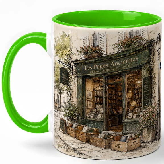 Antique Pages Bookstore 11oz Ceramic Mug, French Vintage Library Coffee Cup, Book Lover Gift