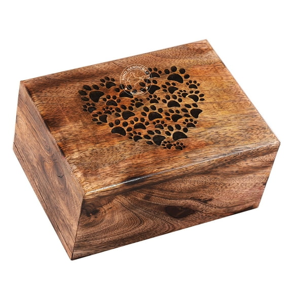 Antique Paw Engraved Mangowood Pet Urn for Dogs Cats Memorial Keepsake Urns for Ashes, Photo Wooden Box Cremation Urn (100 Cubic in, Heart Paw)