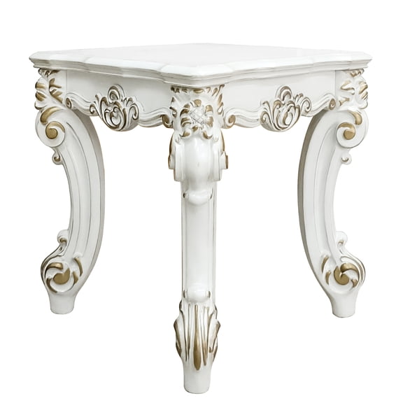 Antique Pearl Square End Table, & For Various Uses, Enhances Living Room Bedroom Charm, Scrolled Legs Stability, 26.5"x26.5"x26.5", Poplar, Veneer, Resin, , White Finish Different Elevates Style,