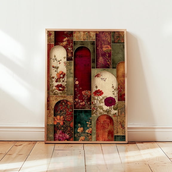 Antique Persian Floral Posternate Botanical Collage Wall Art Boho Maximalist Rich Jewel Tone Print
