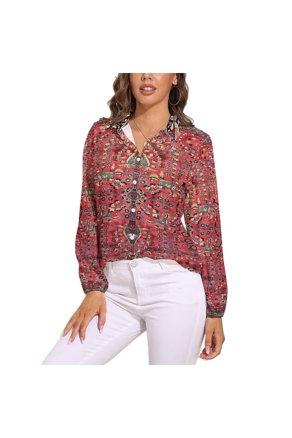 Antique Persian Red Rug Long Sleeve Blouse Woman Streetwear Casual Shirts Summer Oversize Woman Streetwear Clothing Birthday Present