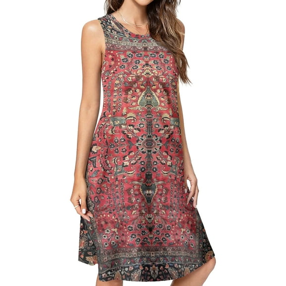 Antique Persian Red Rug Spring Summer Dresses for Women Fashion T-shirt Dress Casual Sleeveless Loose Sundress with Pockets